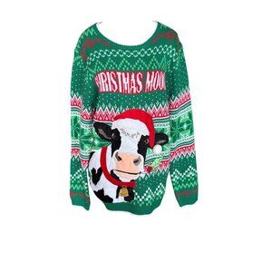 Holiday Time Christmas Moo Cow Ugly Sweater Green Red Medium M (38-40) Acrylic K